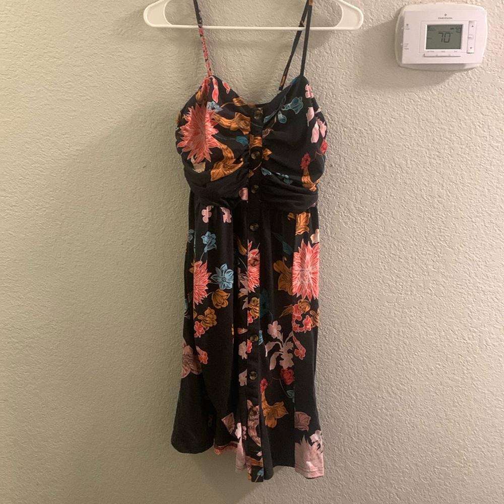 Floral planted dark blue button up summer dress